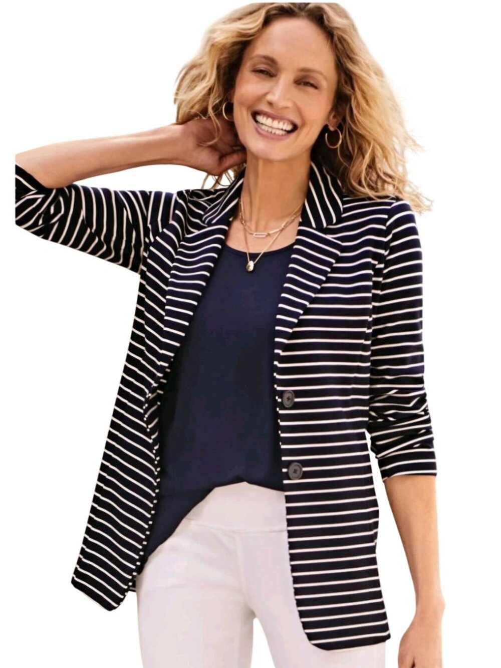 J. Jill Wearever Nautical Striped Navy  Cream Stretch Blazer 2 Button Size XL